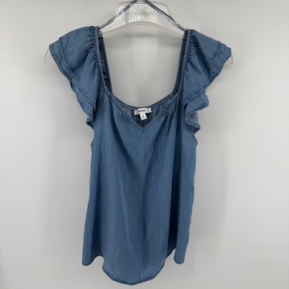 Blue Denim Lyocell Ruffle Cap Sleeve V-Neck Top Medium MINE Women Y2K‎ Style